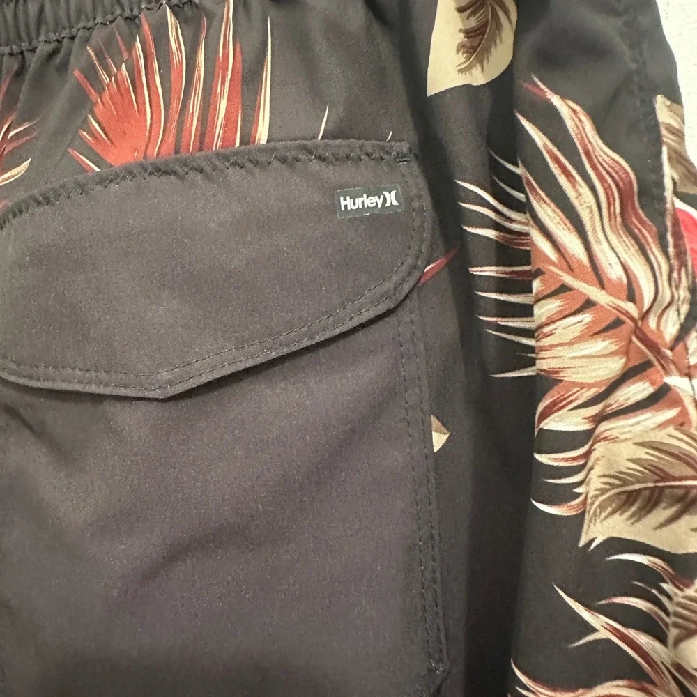 Hurley Swim Trunks Mens L Black Tropical Floral Palm Print Board Shorts Surf